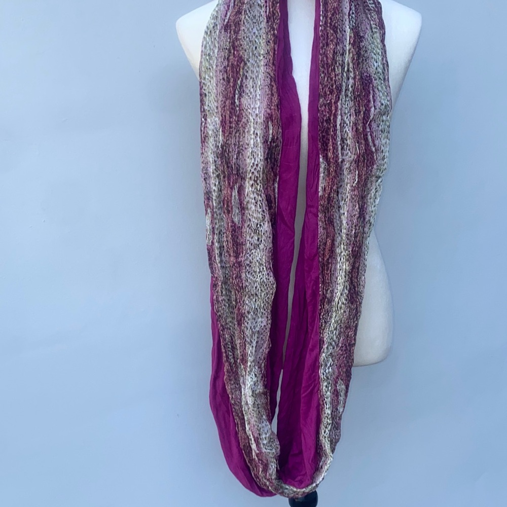 CHAN LUU Infinity Scarf in Purple Magenta Green/Olive and Cream Print